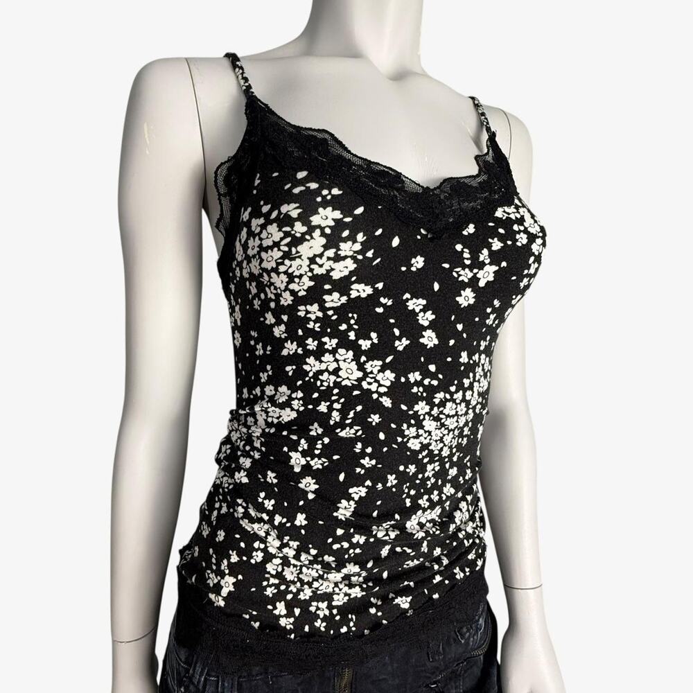 Lace cami top black white floral Y2K